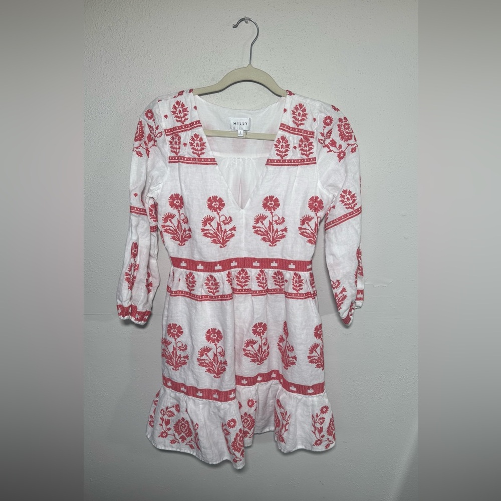 Milly Debbie Cross Stitch Embroidery Floral Linen Mini  Dress Size 0 - Picture 3 of 8